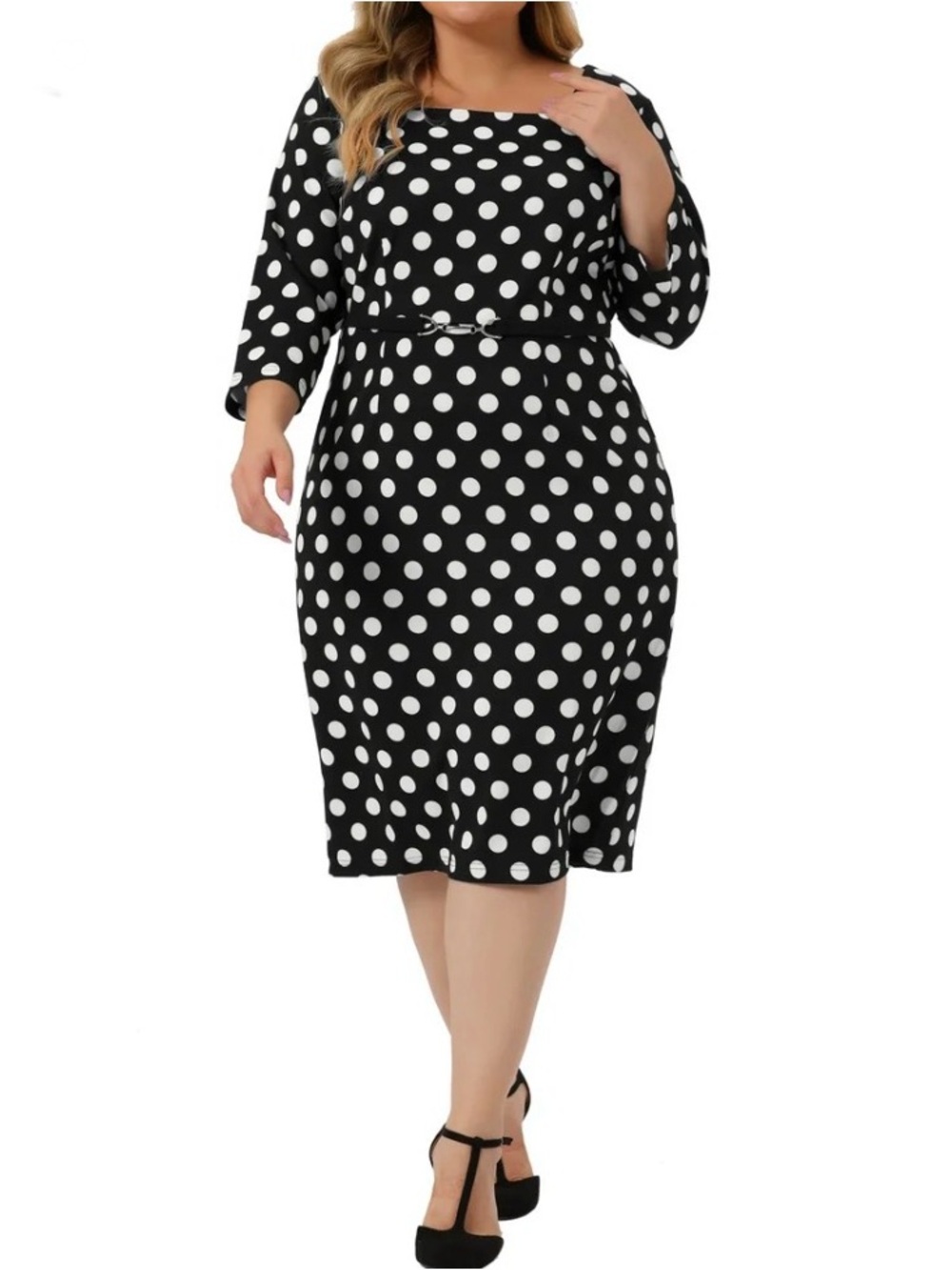 Agnes Orinda Plus Size Formal Polka Dots 3/4 Sleeve Belt Bodycon Midi Dress, 1X